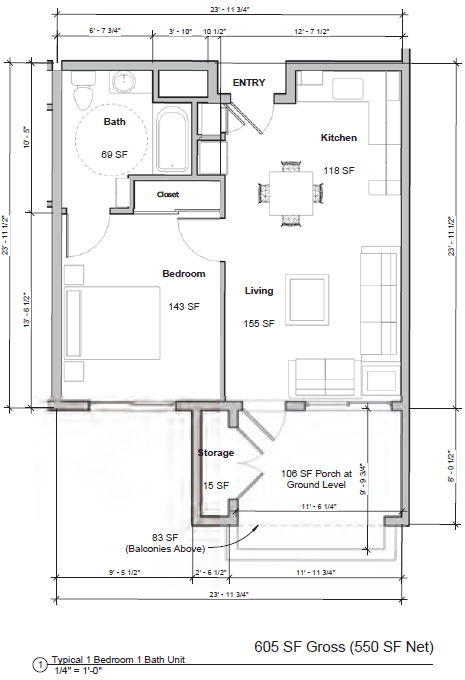 Floor plan for 1 bed, 1 bath, 550 sqft